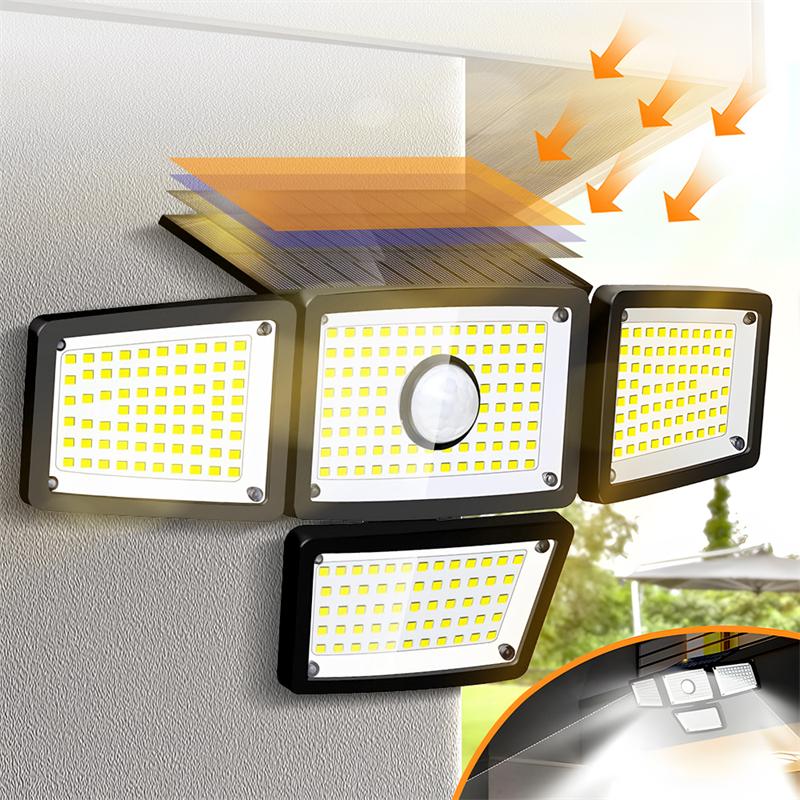 Solar Motion Sensor Flood Lights Outdoor, 283LED 3 Lighting Modes, 3 Head 360° Illumination IP65 Solar Security Lights for Porch
