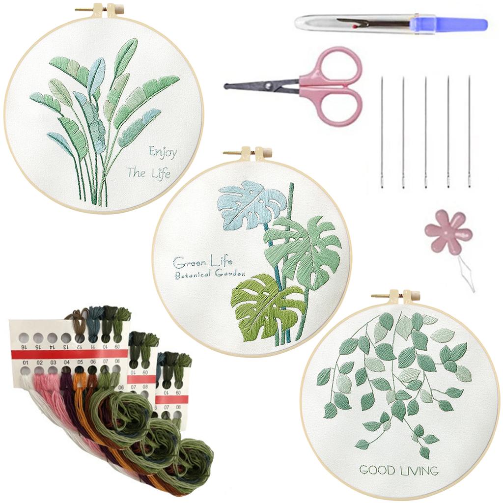 3er Pack Blumenpflanze DIY Stickset mit Stickrahmen Stickstiche Übungsset 30x30cm für Anfänger und Erwachsene