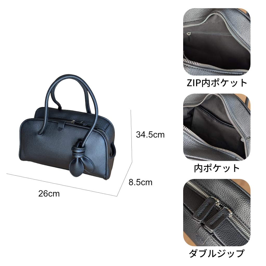 Damen PU-Leder Mini Boston Tasche, Schwarz, Handtasche, Reißverschluss, Leicht, Niedlich und Stilvoll, 26x8.5x17cm