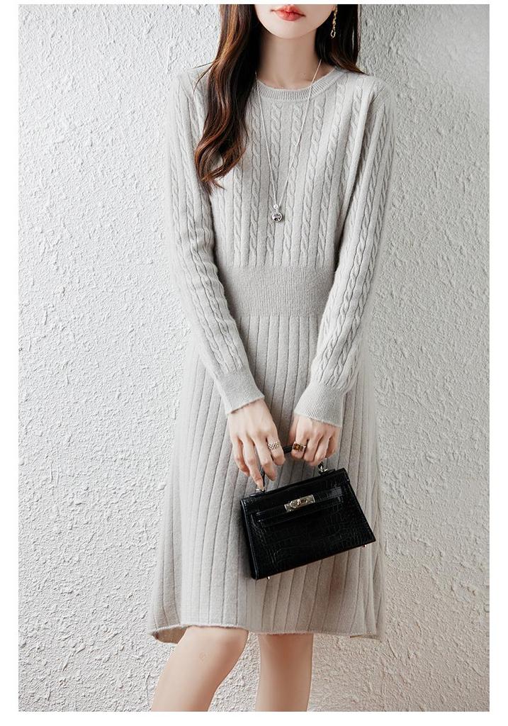 Women's Pure Wool Pleated Sweater Dress with Slimming Waist
