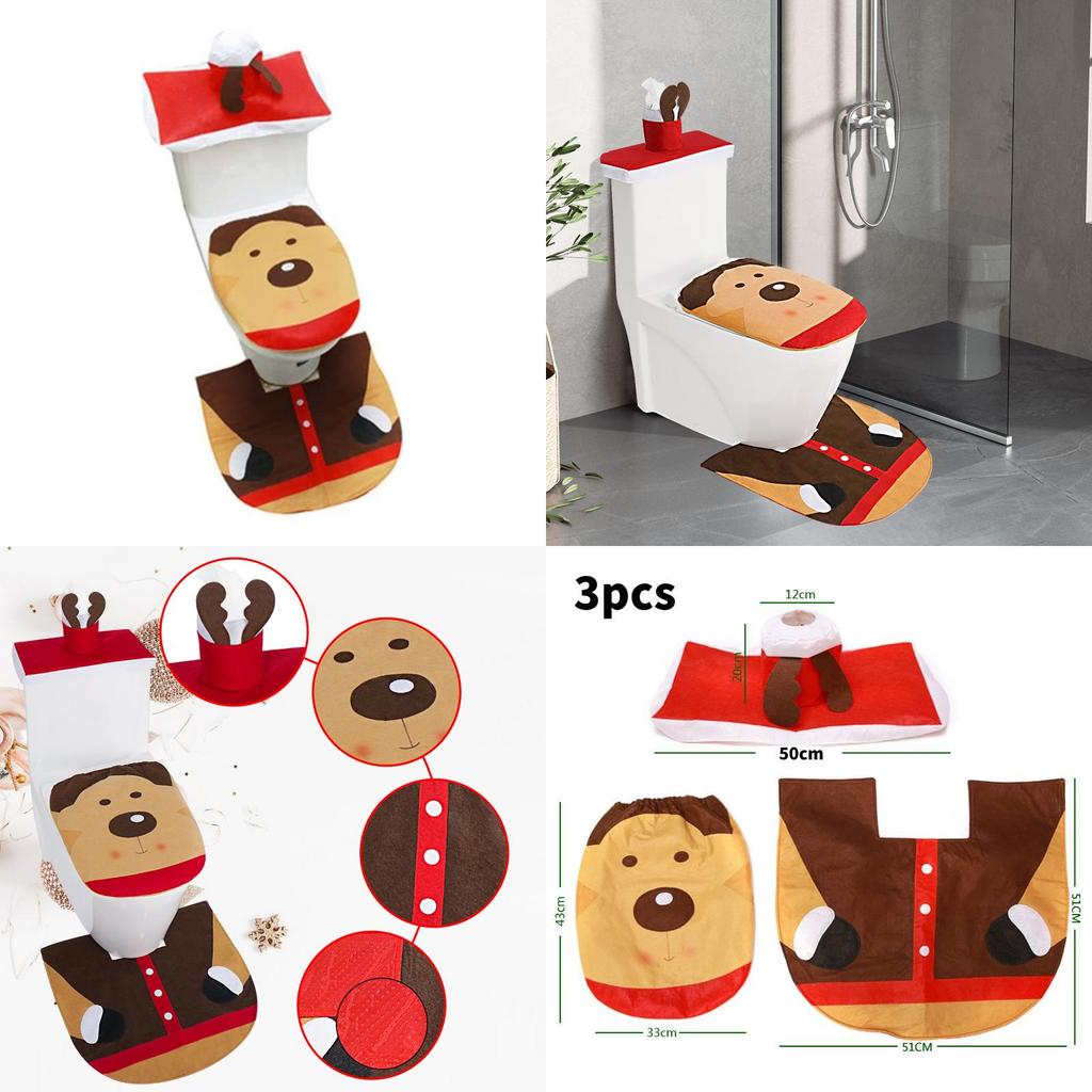 Christmas Elf Toilet Cover Set With Reindeer Santa Fabric For Holiday Decor