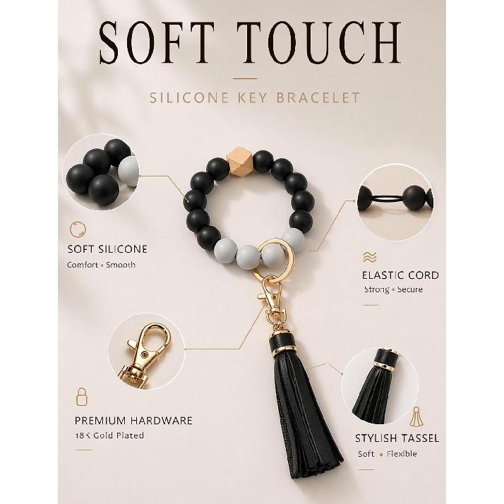 BAOSIWA Silicone Beaded Bracelet Keychain Wristlet Key Ring Bangle Chains for Women with Leather Tassel