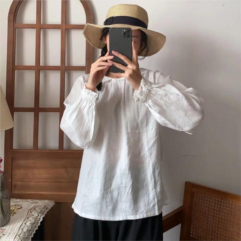 Johnature Ohrnovací límec Ležérní Dámské halenky Jaro Léto Vintage Lněné Volné Knoflíky Jednoduché Dámské košile Topy