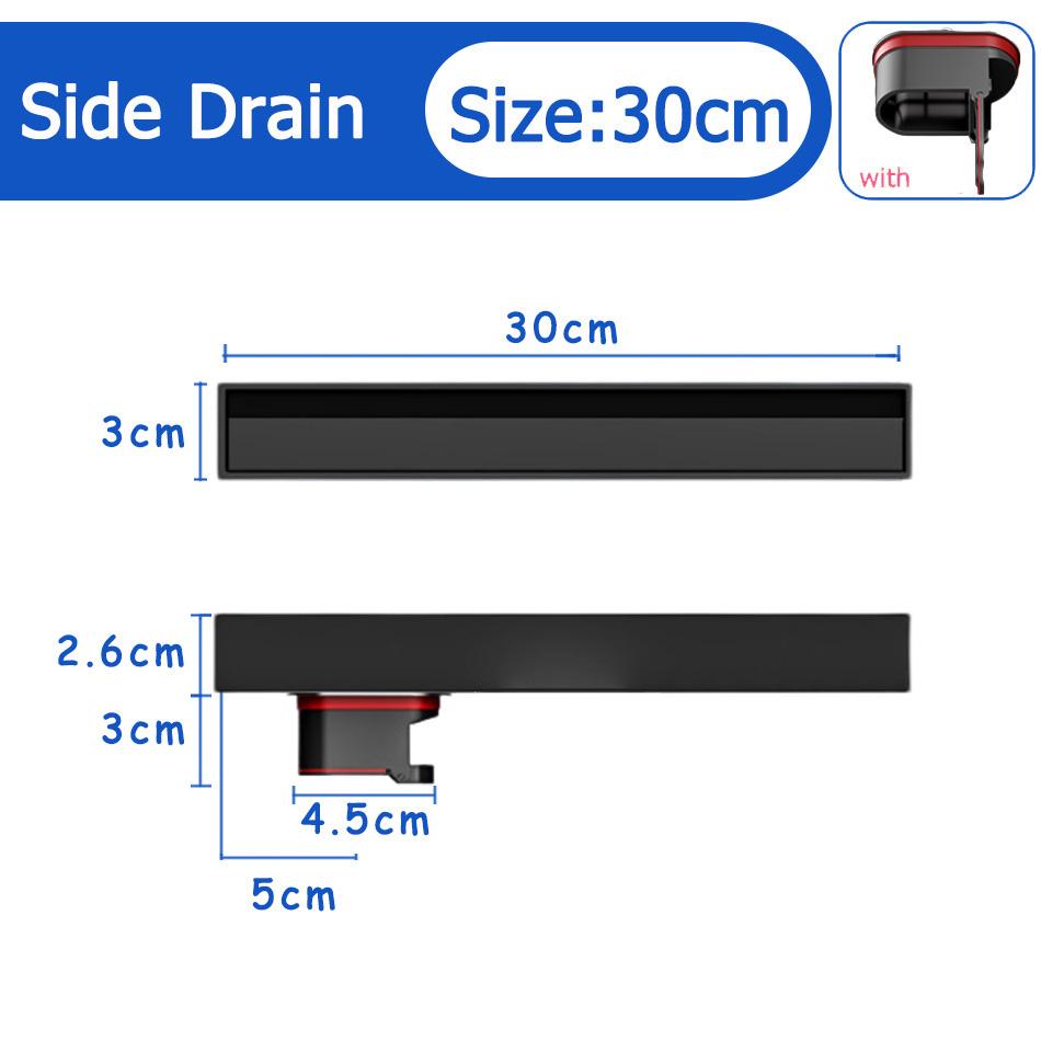 Bathroom Shower Floor Drain Black 304 Stainless Steel Rectangle Lavatory WC Long Linear Drainage Side Floor Drains 30 40 50cm