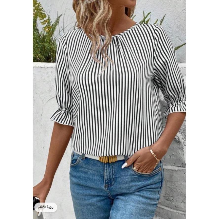 

YYFS Женская мода повседневная летняя весна полосатый принт 1/2 рукава О-образный вырез блузки и рубашки XXL чёрный