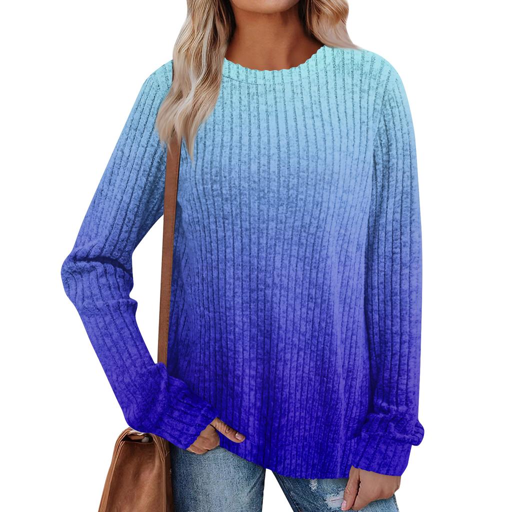 Damen Winter Color-Block Bedrucktes Leichtes Gebürstetes Baumwoll-Rundhals-Top