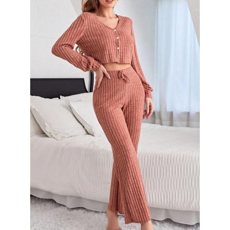 Women Casual Long Sleeve Button Pajama Set Long Pants Home Loungewear European Style