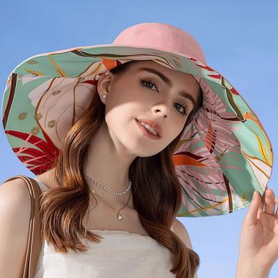 Women Sun Hat Wide Brim UV Sun Protection Summer Spring Hat Reversible Double-Side-Wear Beach Hat Foldable Bucket Cap