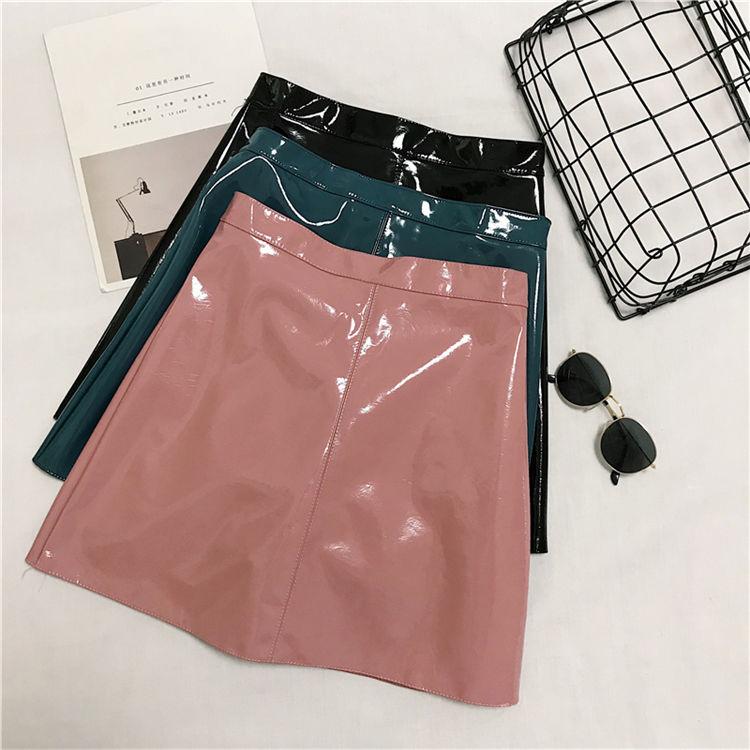 Women's Sexy Leather Skirt Glossy PU Leather Short Solid Zipper Mini Skirt Mid Waist A-line Pencil Skirts