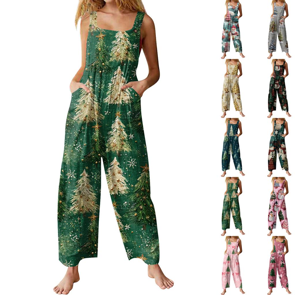 Womens Casual Overalls Jumpsuits Adjustable Straps Sleeveless Print Comfy Rompers With Pocket