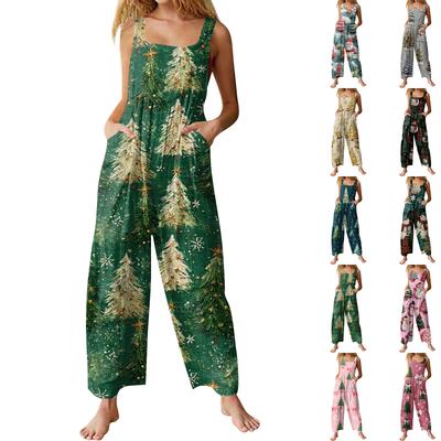 Dames Casual Overalls Jumpsuits Verstelbare Bandjes Mouwloos Print Comfortabele Rompers Met Zak
