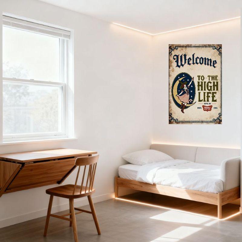 Vintage Witch Riding Crescent Moon Welcome to the High Life Metal Tin Sign Retro Distressed Wall Plaque for Bar Cafe Home Man Ca