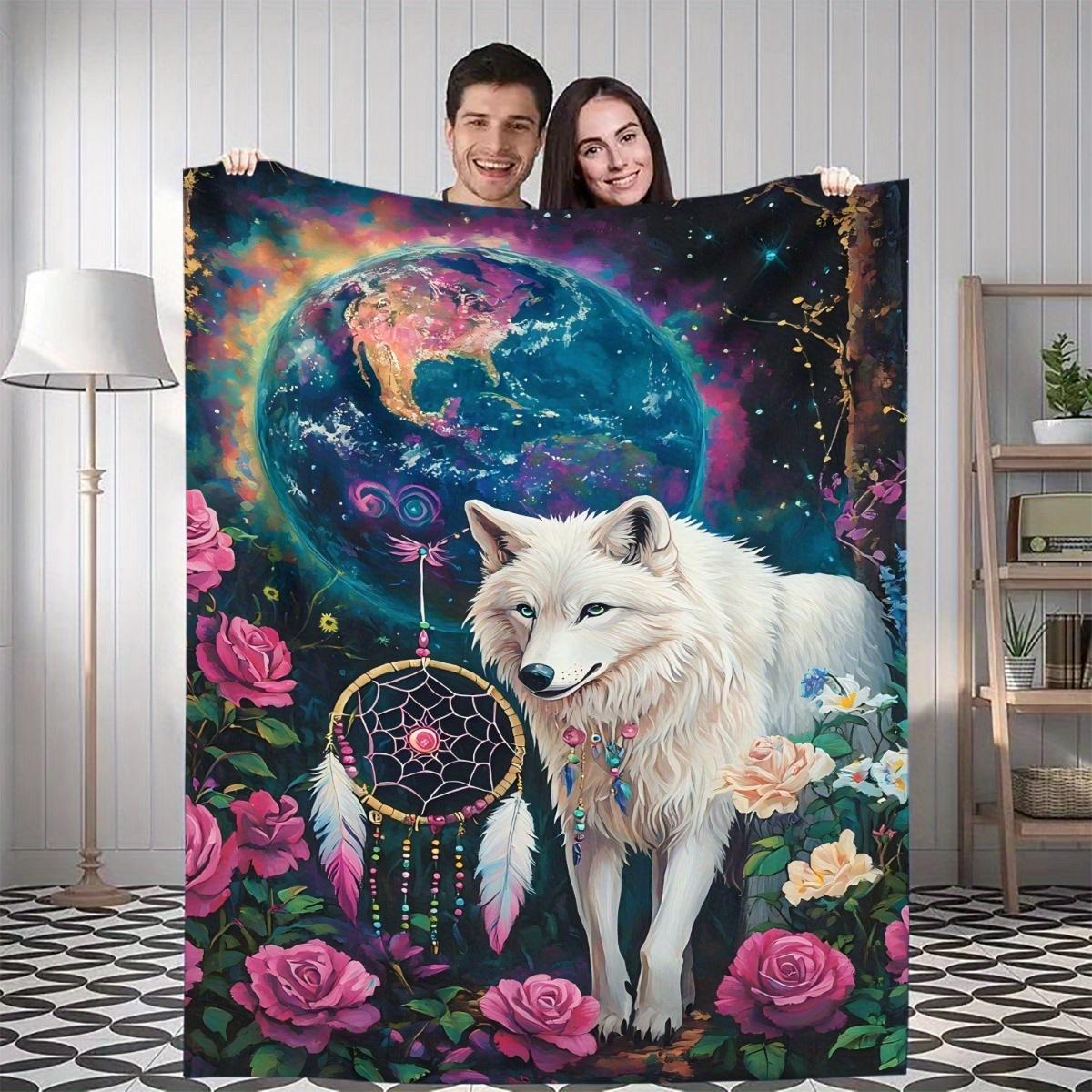 

1pc Enchanted Forest & Wolf Design Throw Blanket - Soft Flannel All-Season Warmth, Vibrant Digital Print with Magical Elements, 75x90cm28x35in
