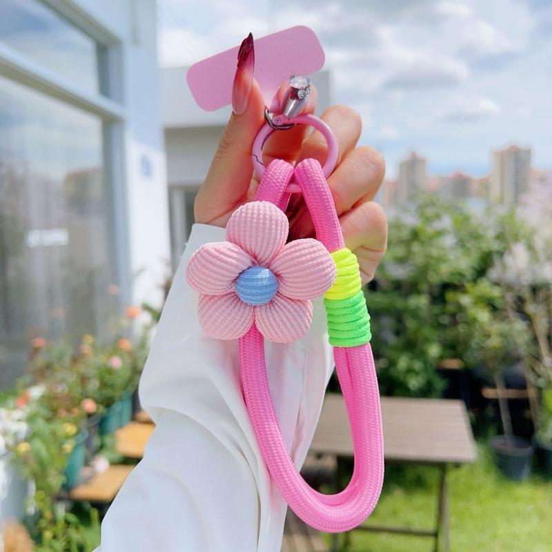 Modisches dehnbares Nylon-Handy-Lanyard mit floralem Akzent T-förmigem Clip Universell für Smartphones Schlüsselanhänger
