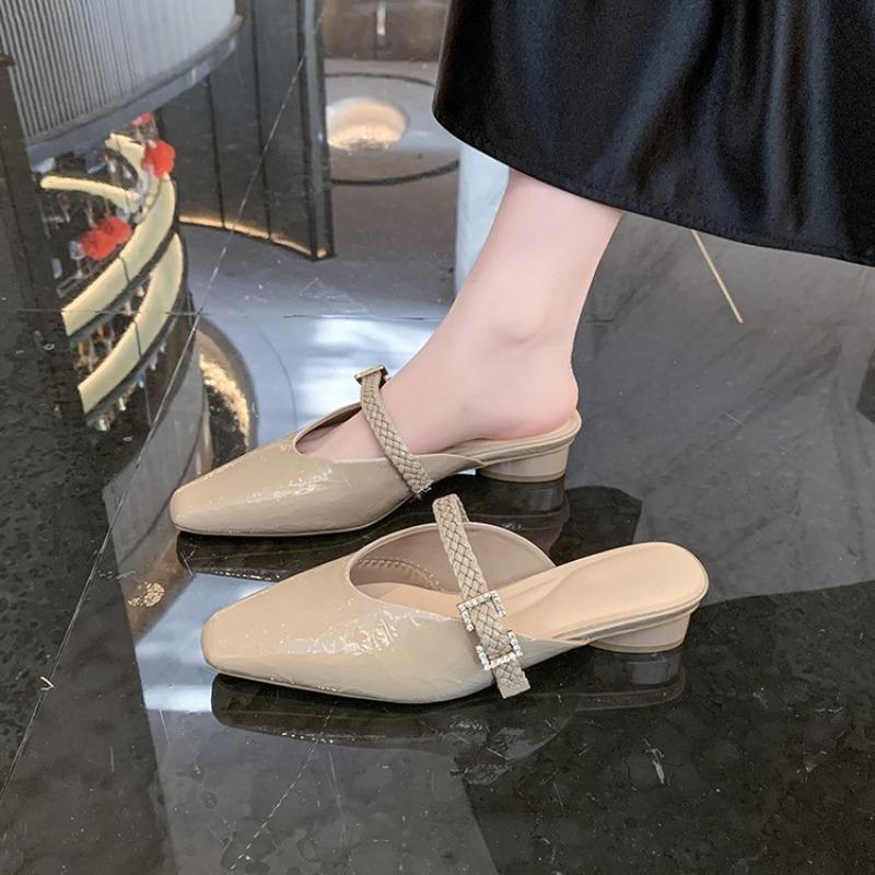 

Women Mules Shoes 2026 Summer New Pointed Toe Chunky Heels Ladies Slippers Fashion Dress Party Mid Heel Shoes Women 35 хакі