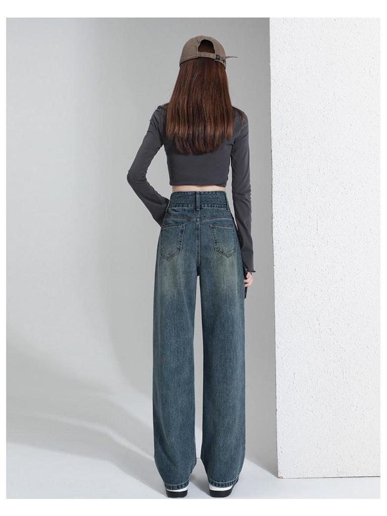 Women's Slim Fit Retro Wide-Leg Jeans - 2025 Spring/Summer Style, Small Size, Straight, Floor-Length