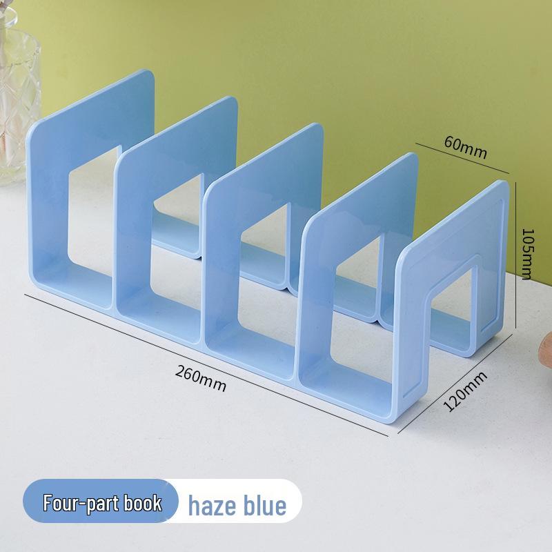 Verstellbarer Buchstützenständer mit vierfach unterteilter Trennwand und fester Buchleiste