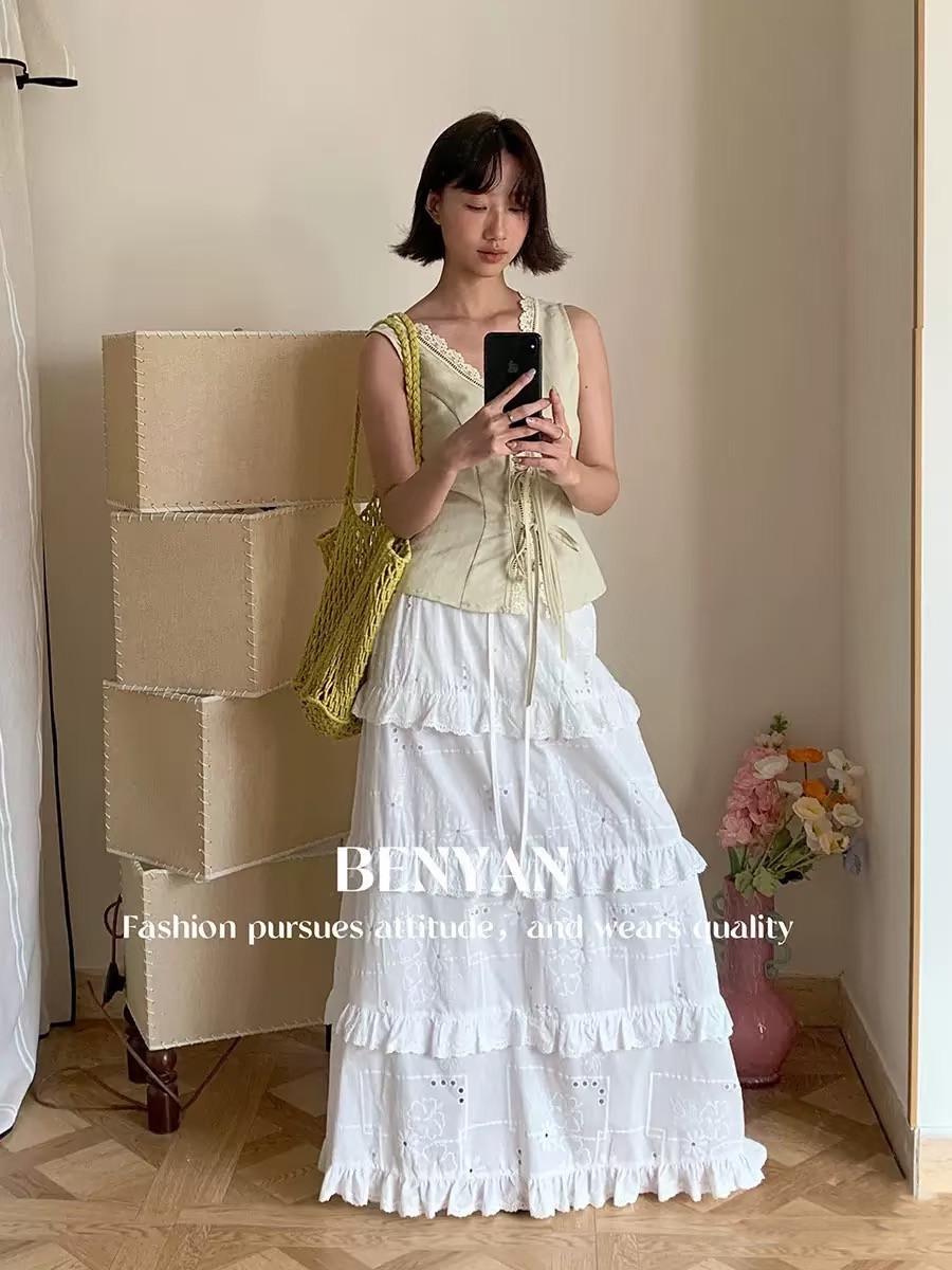 Spring 2026 Korean Style White Layered Embroidered Skirt for Women One Size белый