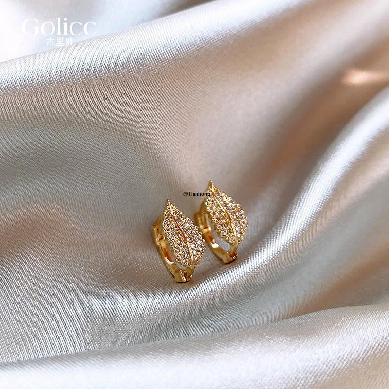 

2025 Women s Light Luxury Leaf Hoop Ear Cuffs: Niche Design Accessories Golden Hoop Earrings with Diamonds