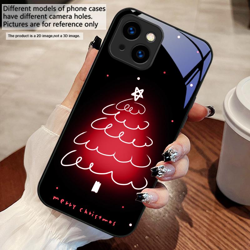 White Line Christmas Tree For iPhone 17 Air 16 E 15 14 13 Plus 12 Mini 11 17 Pro Max XR Xs Max 16E 7 8 Tempered Glass Phone Case