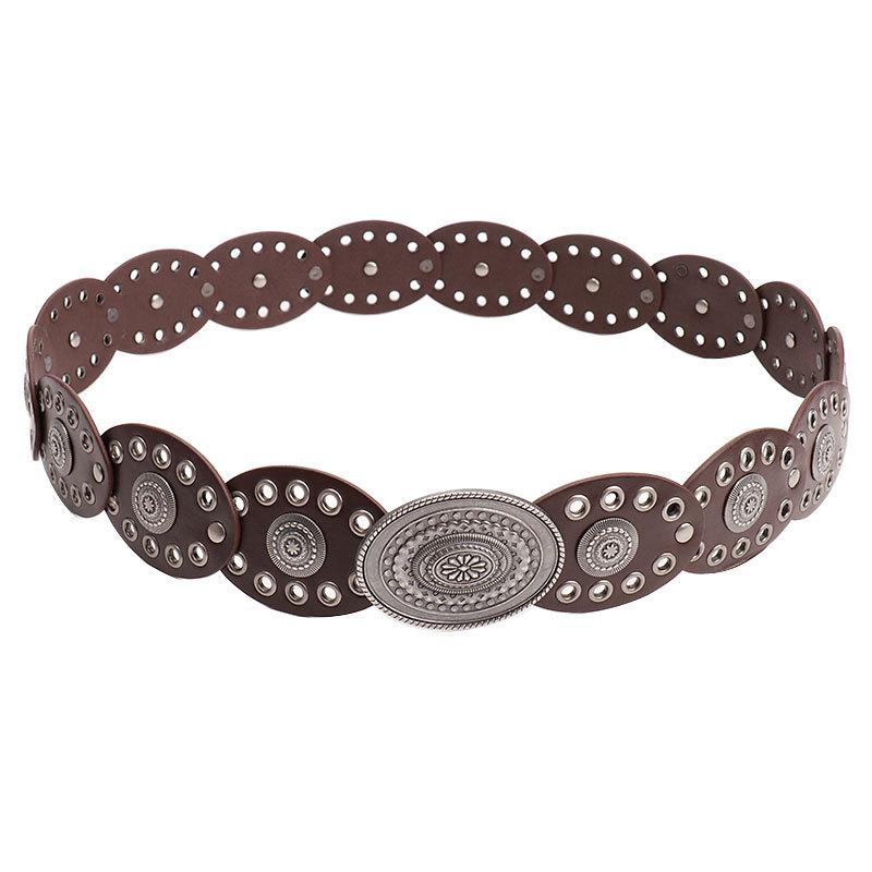 Spice Girl Retro Women'S Belt Exaggerated Punk Style Oval Splicing Waist Seal Large Round Piece Pattern Alloy Buckle Belt Women