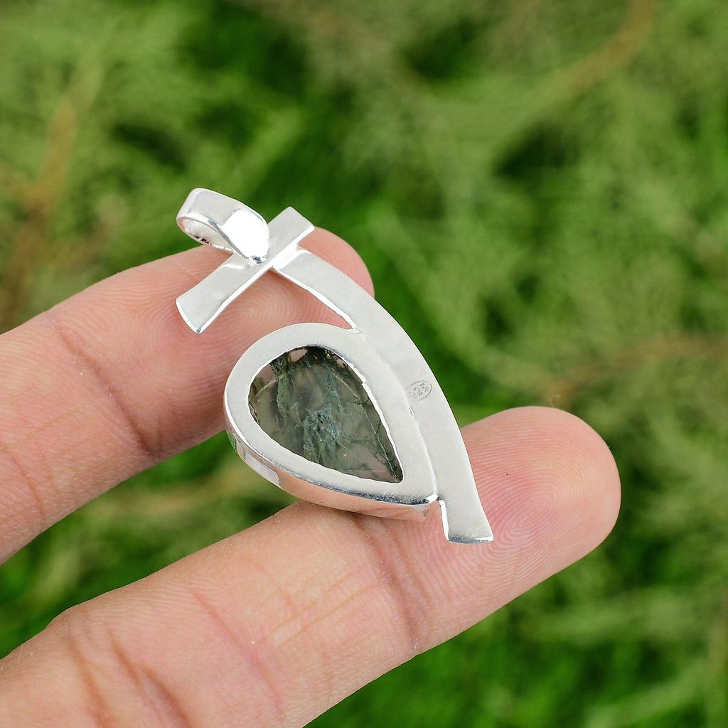 Daughters Day Deal 925 Silver Solar Moss Agate Stone Sister Engagement Pendant