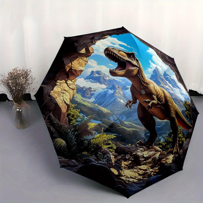Automatisch faltbarer Regenschirm im Dinosaurier-Design mit 8 Speichen, Winddicht, Kunststoffgriff - Stilvoller tragbarer Sonnenschirm für Outdoor-Abenteuer