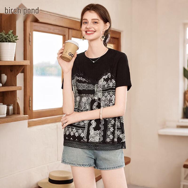 Women s Faux Two-Piece Printed Patchwork Short Sleeve T-Shirt L