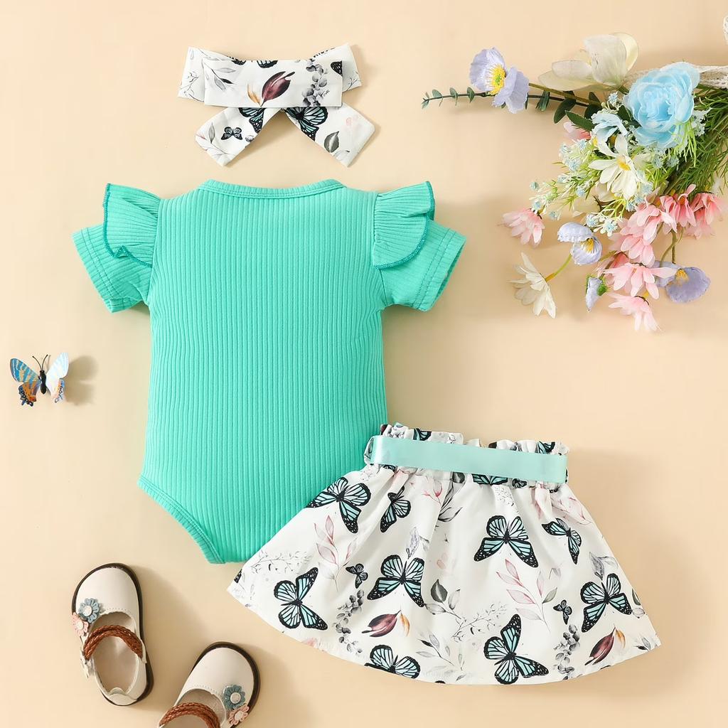 Baby Girl Short Sleeve Bodysuit with Letter Print Skirt Set and Headband Infant Toddler Outfit Summer Clothes for Newborn
