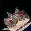 Wine-Stained Rose Drop Gemstone Earrings, Palatial, 18K Gold-Plated, Rubillon Fan-Shaped Zircon Earrings Ring