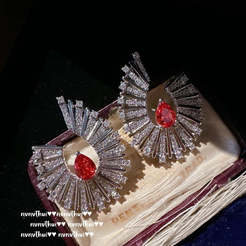 Wine-Stained Rose Drop Gemstone Earrings, Palatial, 18K Gold-Plated, Rubillon Fan-Shaped Zircon Earrings Ring
