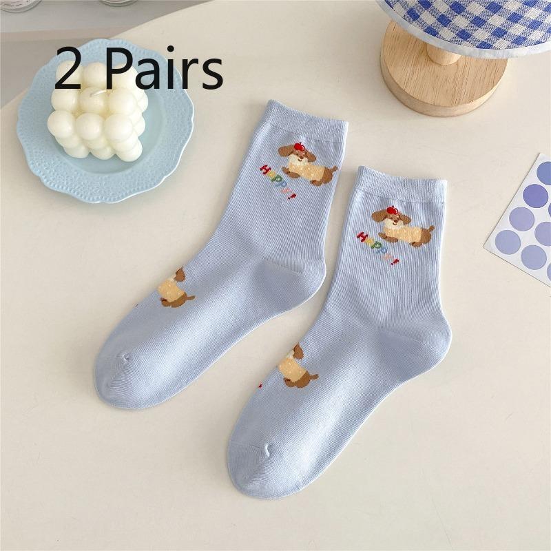 2 Pairs of Autumn Socks - Short Socks for Children, Trendy and Versatile, Cute Sausage-shaped Dog, Sweet Student Cotton Socks, Long Socks