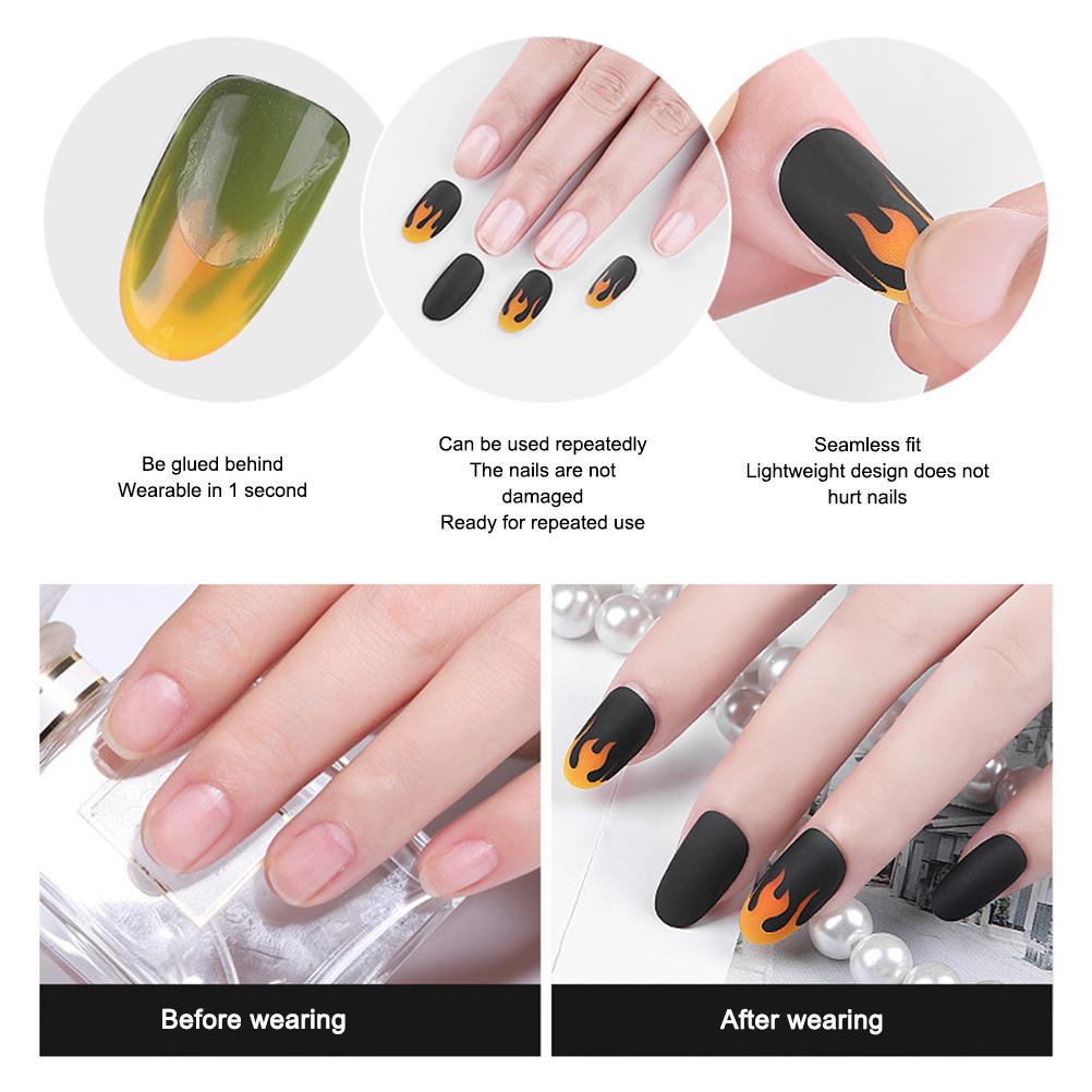 24Pcs Flame False Nails Set Black Fake Nails Nails Tips Full Cover Nails Art Night Club Press On