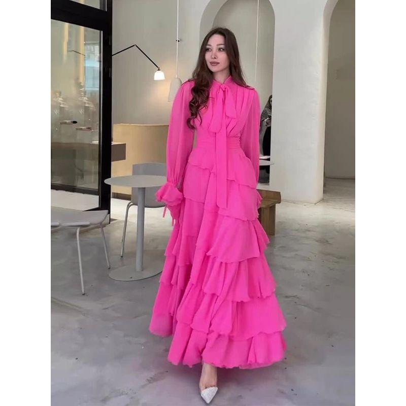 

Fashion Wind Ruffles Chiffon Patchwork Half Turtleneck Dress Ruffle Edge Patchwork Dress Rose Red S