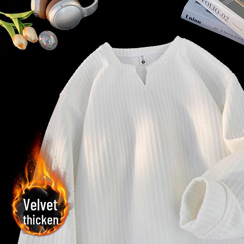 

Мужская фактурная зимняя футболка с V-образным вырезом и длинными рукавами, утолщенная бархатом, модное нижнее белье 2024 года для подростков. Double Extra Large белый