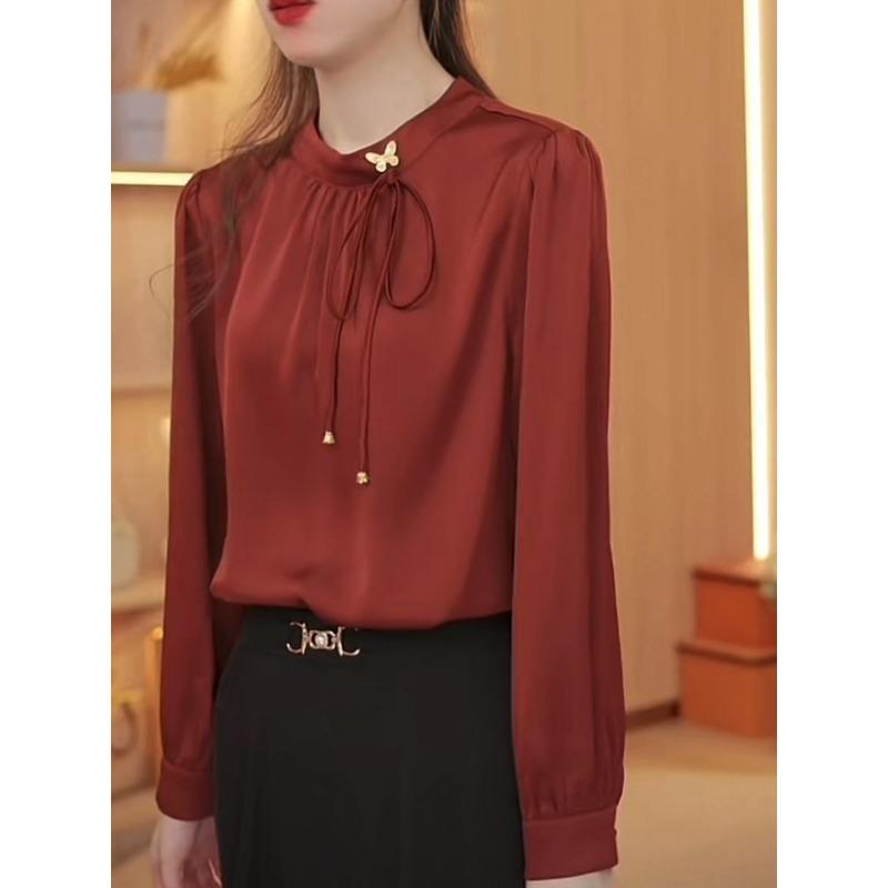 2024 Autumn New Chiffon Satin Long Sleeve Round Neck Shirt Commuting Bow Versatile Elegant Pullover