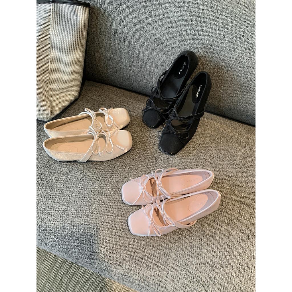 Height Increase 4cm~ Bow Square Head Versatile Light Mouth Mary Jane Single Shoes Women's Spring and Summer Ballet Shoes Streamer Fairy