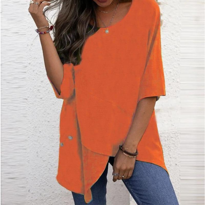 Women's Cotton Linen Round Neck Irregular Shirt Five-quarter Sleeve Tops Women’s