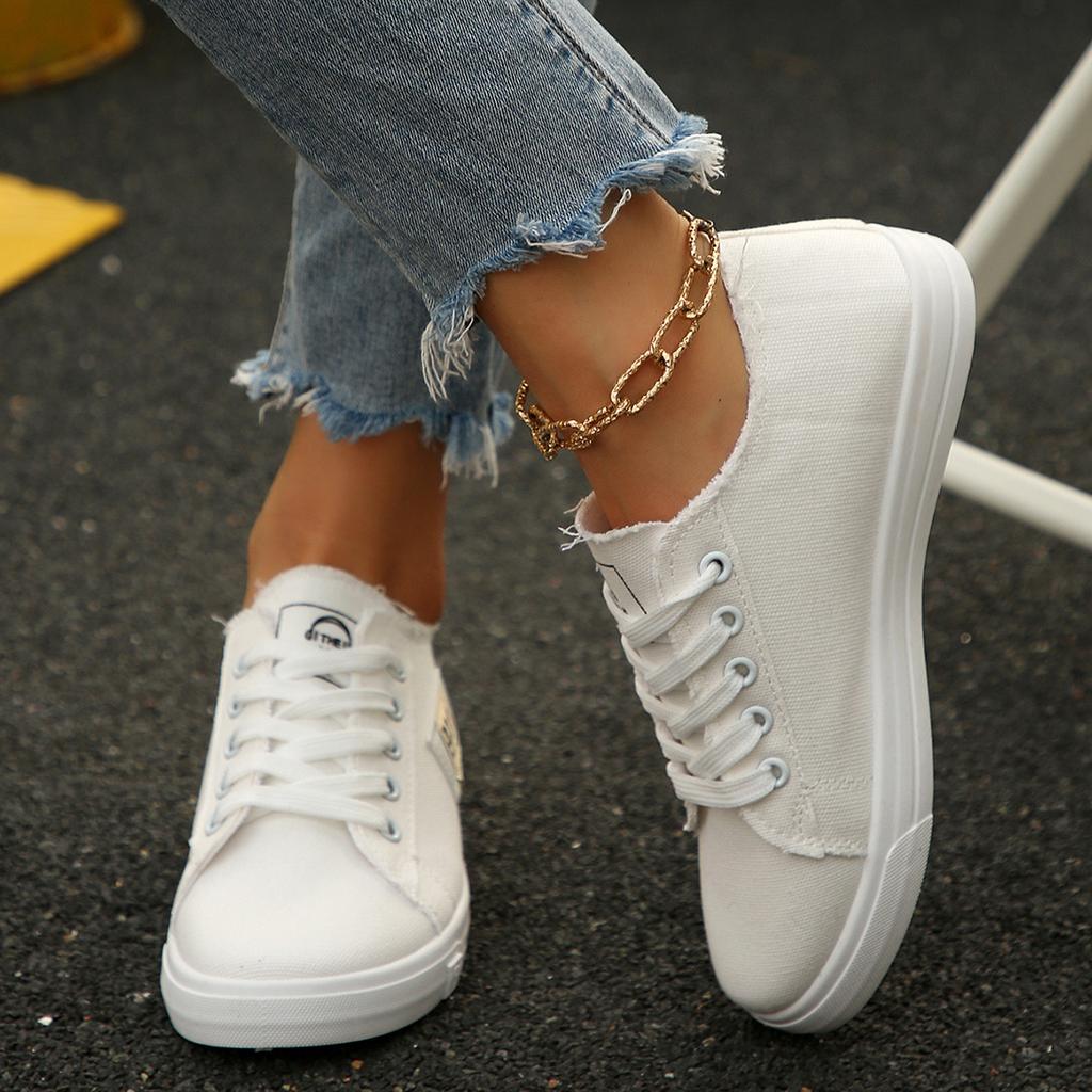Spring Summer Women Canvas Sneaker Low Top Denim Sneakers Ladies Lace-Up Flat Canvas Comfortable Board Shoes for Female
