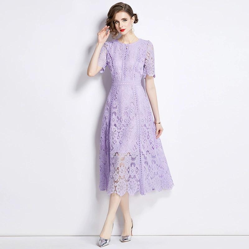 Summer Women's Retro Round Neck Lotus Leaf Sleeve Lace Dress Looks Slim and Elegant Long Skirt