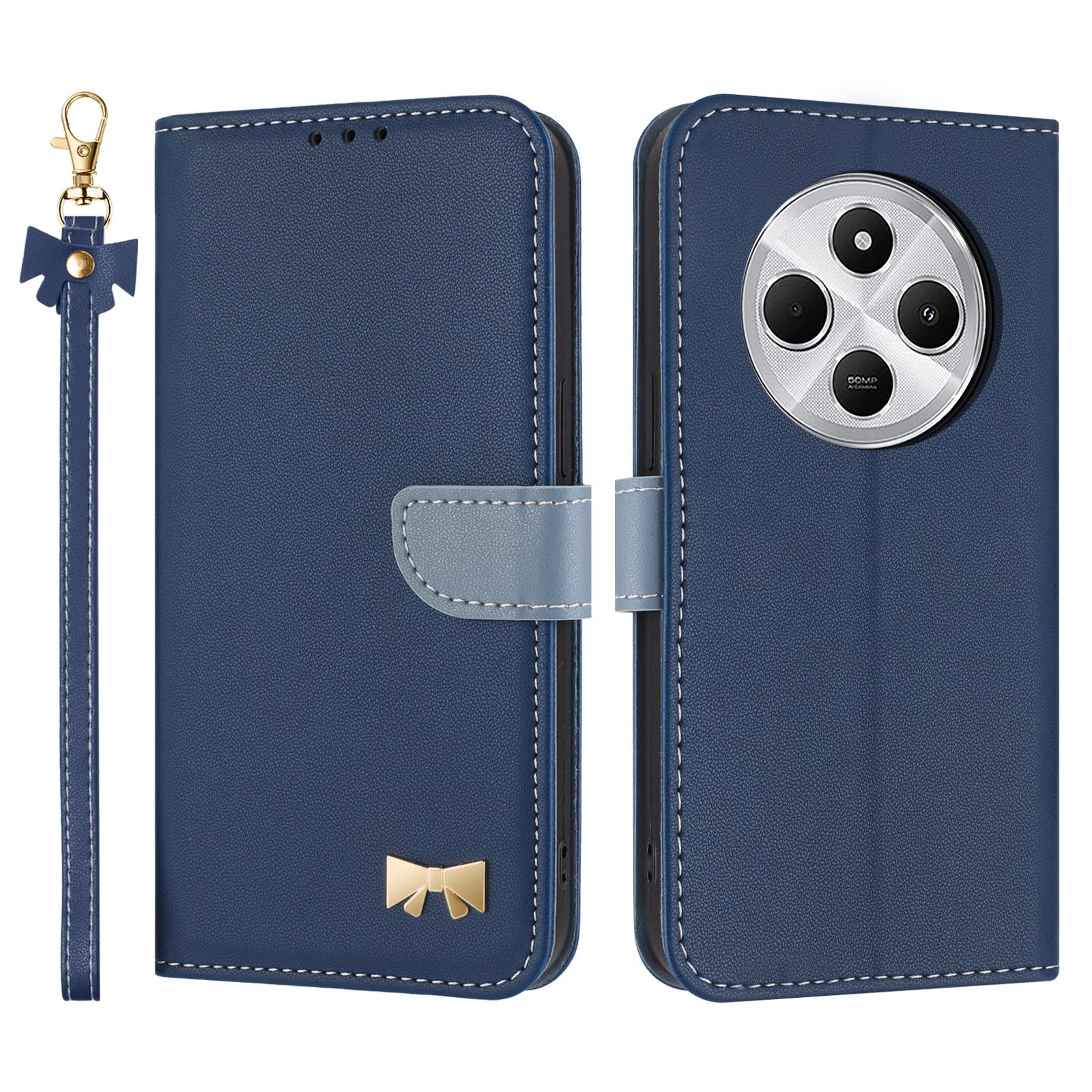 

Phone Case For Xiaomi Redmi 14C 4G/14R 5G/A3 Pro 4G/A4 5G/Poco C75 4G,Bowknot Decor Wallet Leather Cover with Wrist Strap Dark Blue