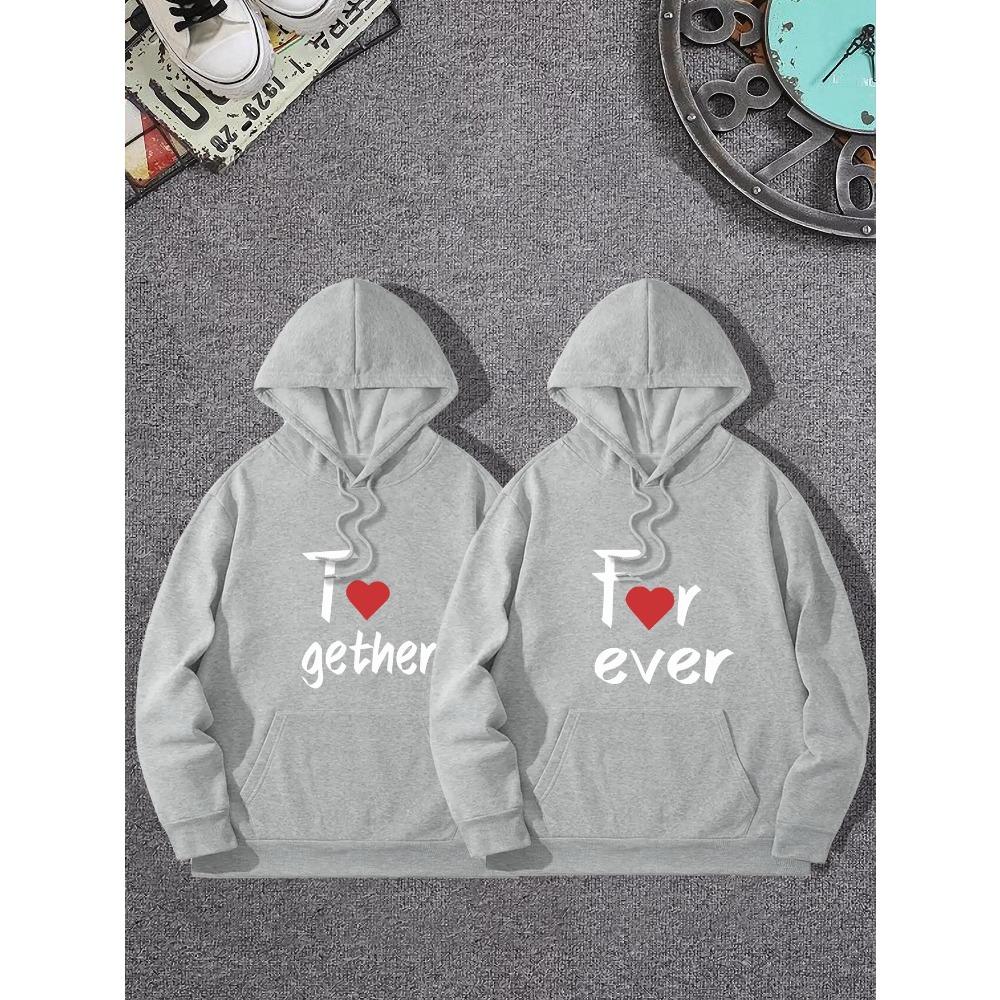Matching Couple Printed Pullover Hoodie Drawstring Hood With Kangaroo Pocket Long Sleeve Couple Sweatshirt