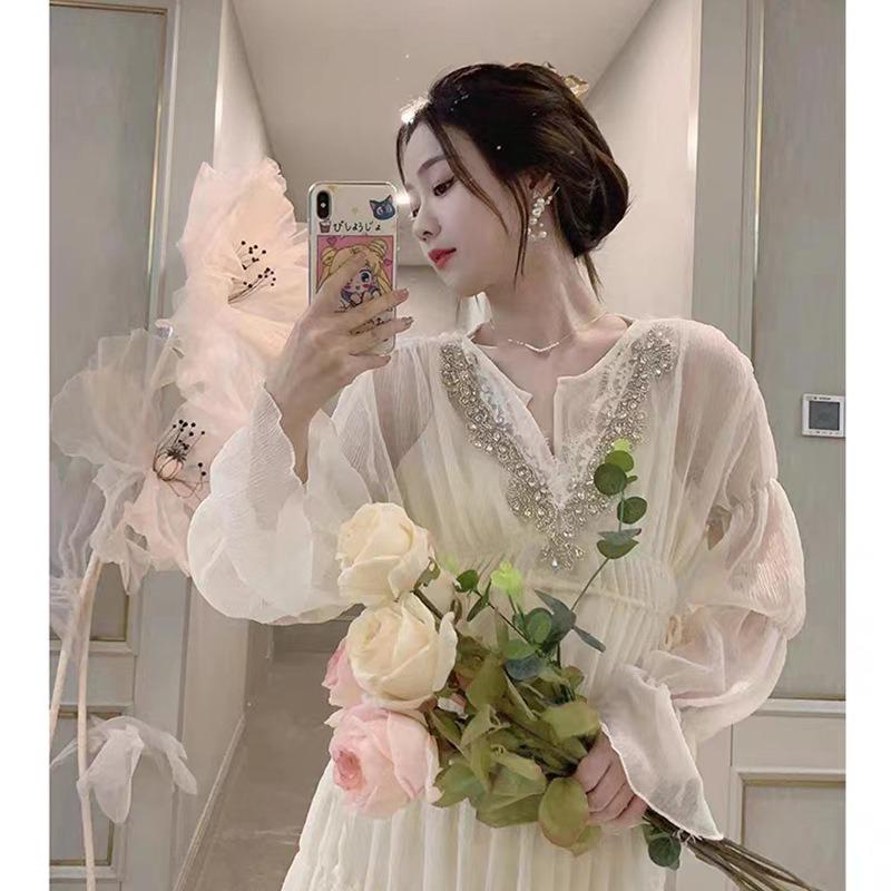 V-Neck Floral Beaded Lace Mesh Lingerie Dress Sweater