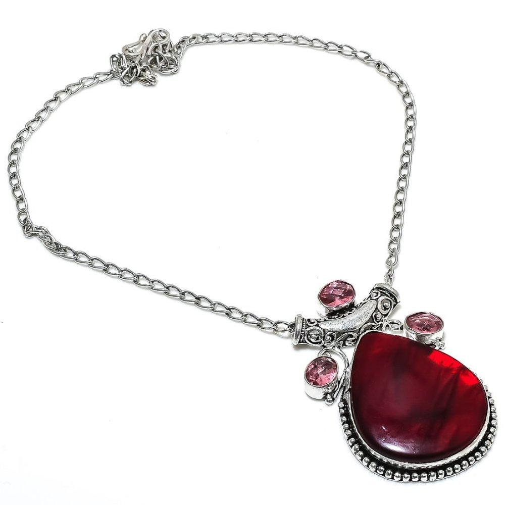 Red Labradorite, Kunzite 925 Sterling Silver Jewelry Necklace 18" s5W05