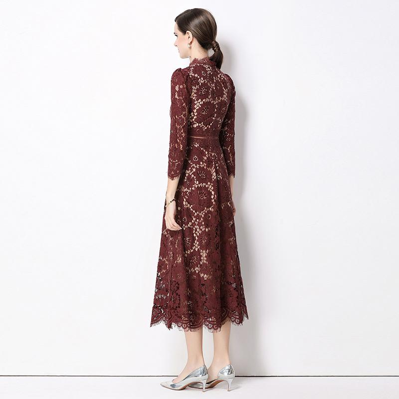 Vestidos Midi de Festa Femininos Vintage de Manga Comprida Vazados em Renda para Primavera Outono