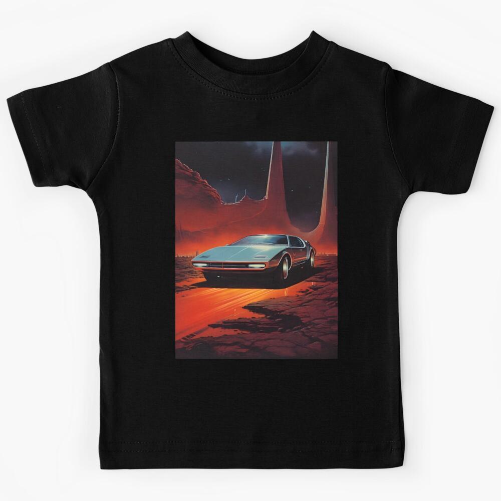 Metallic Color Retro Futuristic Sports Car and an Extraterrestrial Desert Night Landscape Kids T-Shirt 150