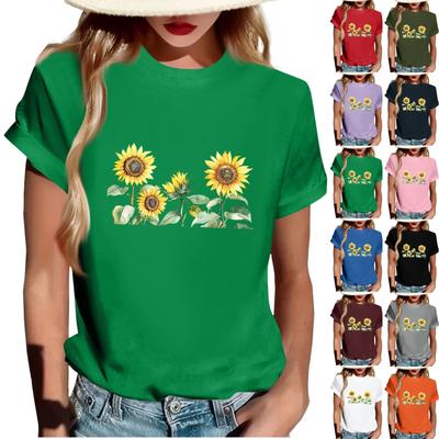 Women's Fashionable Round Neck Casual Retro Print Short Sleeved T-shirt Top