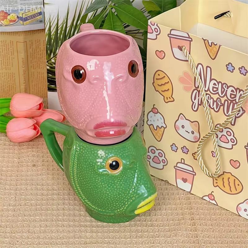 Funny Cup Ugly Greenhead Fish Ceramics Coffee Cup Large Capacity Creative Office Children's Water Cup Mugs
