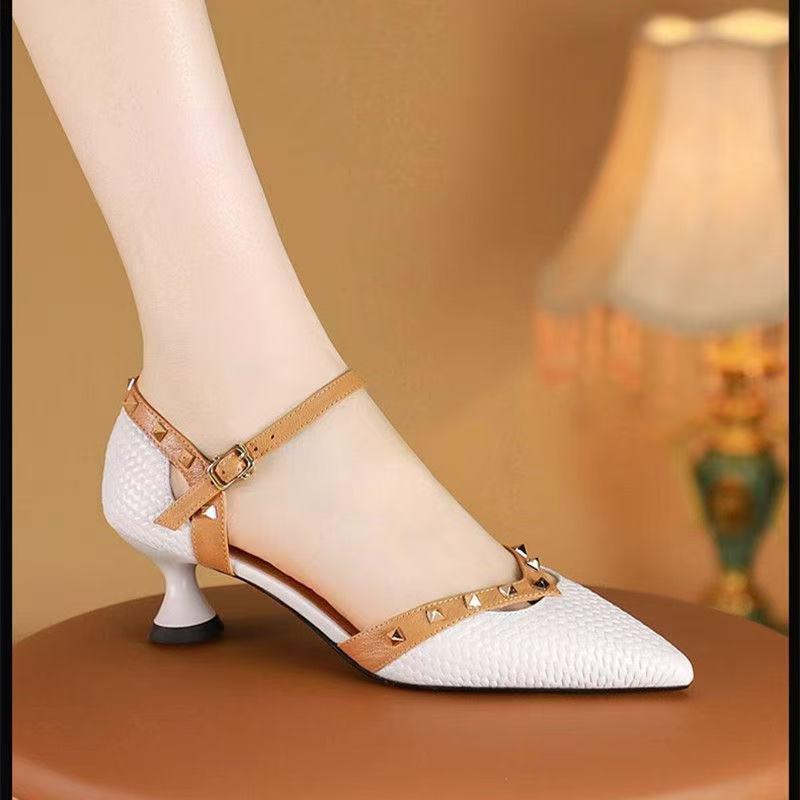 

2025 Summer French Pointed Toe High Heel Sandals for Women - One-Word Rivet, Closed Toe, Fairy-Style with Skirt, Hollow Design 36