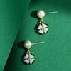 Chinese Enamel Freesia Pearl Tassel Earrings - Four-Leaf Clover Silver Studs for Women